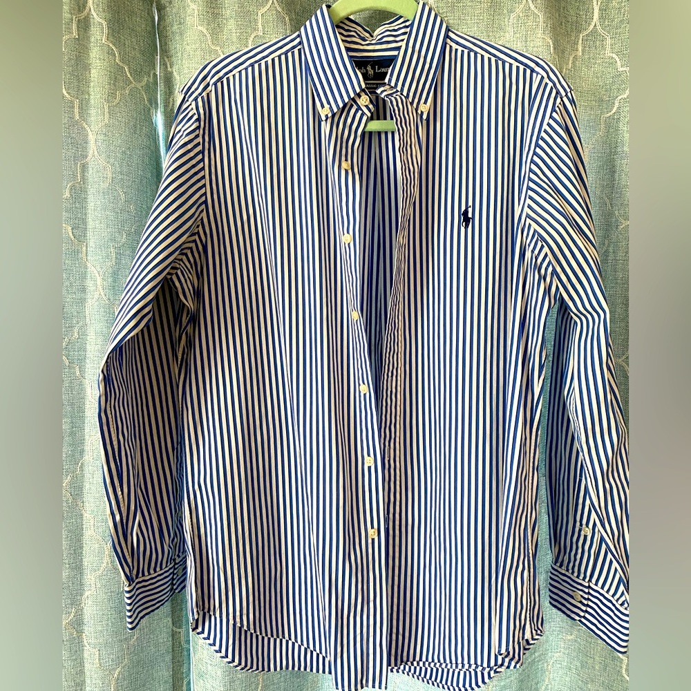 Ralph Lauren Mens Button Down Blue Striped Shirt Classic Fit Size M